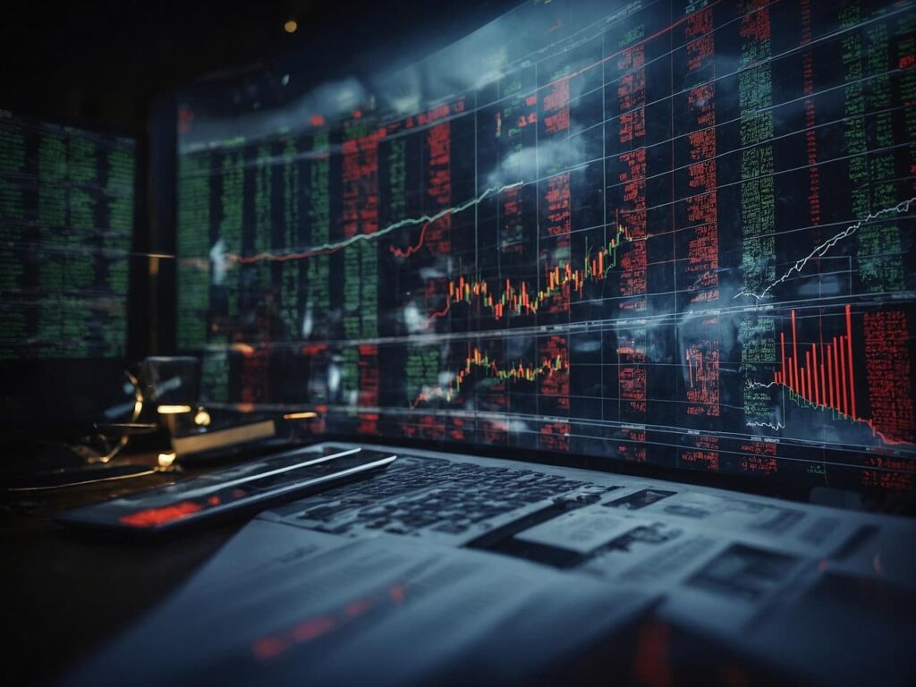 Stock market chart displayed on a computer screen, showing trends and fluctuations in financial data.
