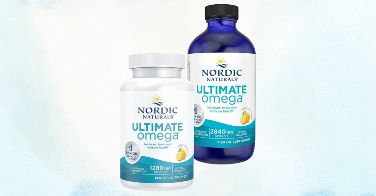Nordic Naturals Ultimate Omega fish oil supplement, showing both the softgel capsule bottle and the liquid omega-3 formula for heart and brain health.