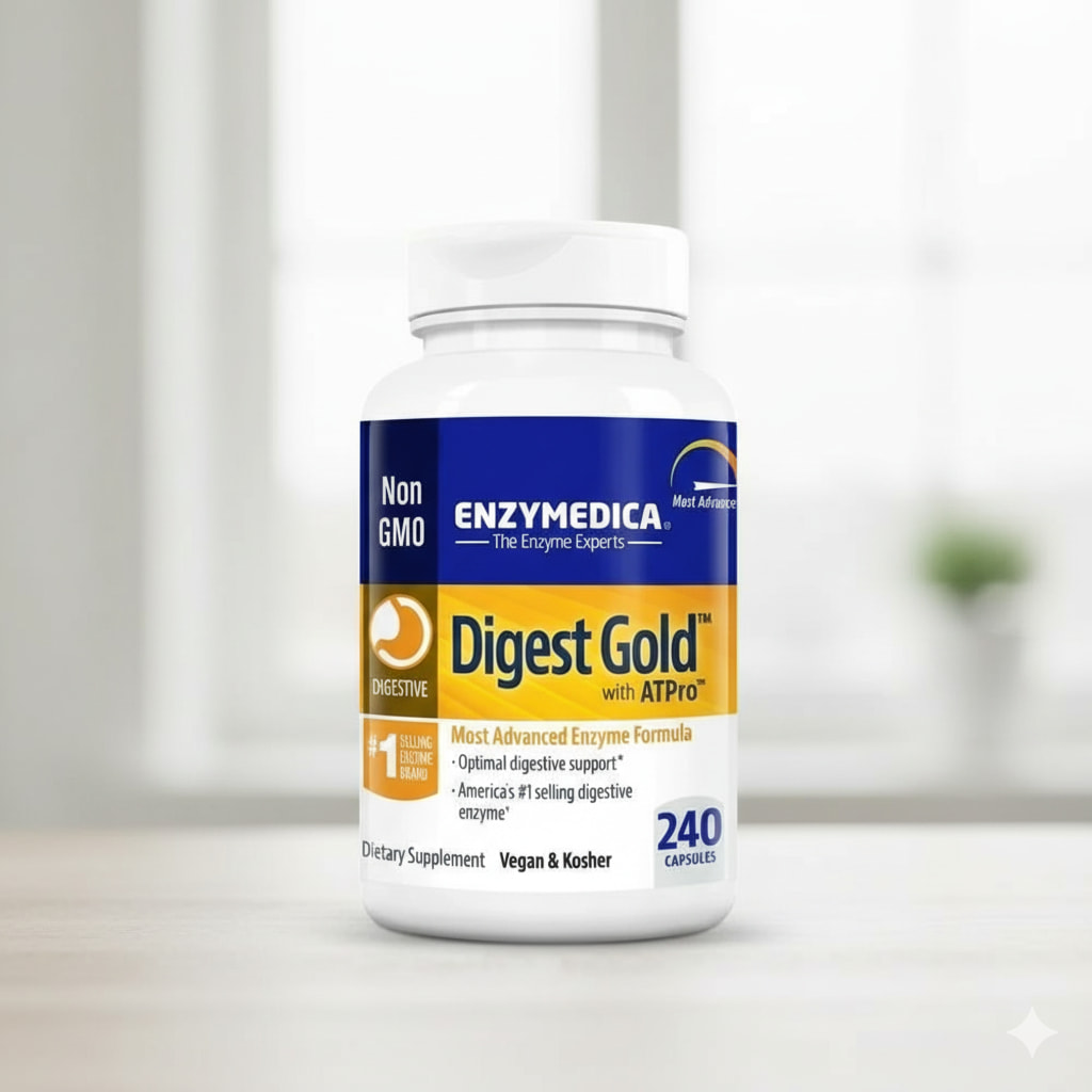 Enzymedica Digest Gold bottle on a table with a clean, professional background.