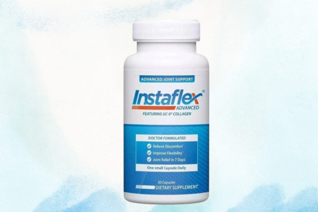Bottle of Instaflex Advanced joint support supplement with UC-II collagen, featuring benefits like relieving discomfort and improving flexibility. Blue accents.