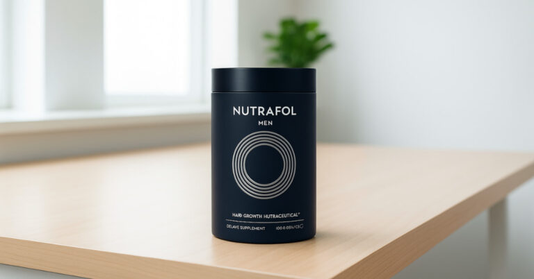 Nutrafol Men hair growth supplement bottle placed on a wooden table near a bright window