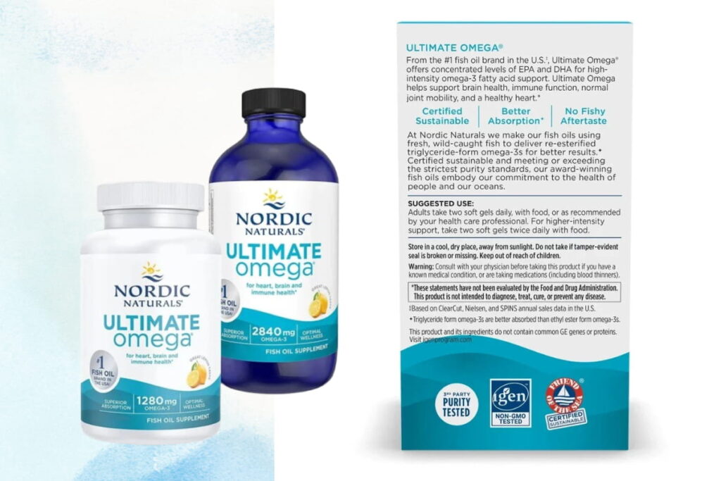 Nordic Naturals Ultimate Omega fish oil supplements, showing both the capsule and liquid bottles alongside detailed product information from the packaging, highlighting benefits, suggested use, and certifications.