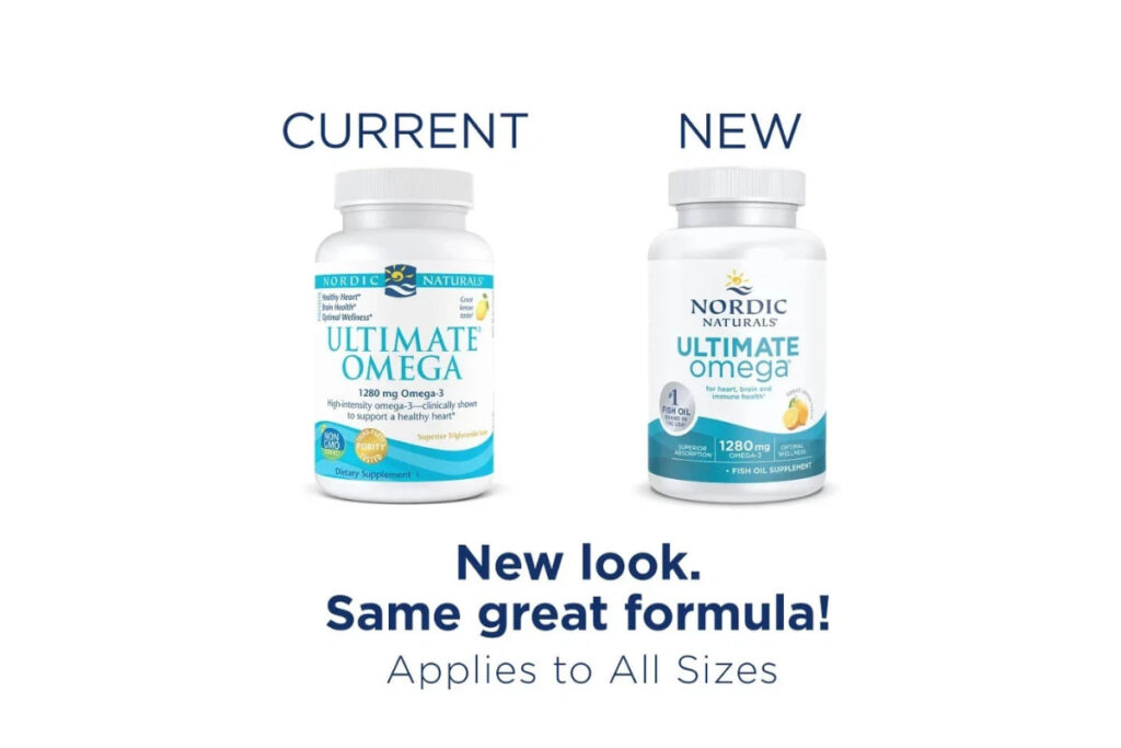 Comparison of Nordic Naturals Ultimate Omega fish oil bottle showing the 'Current' old design next to the 'New' updated look, with text confirming 'New look. Same great formula!'

