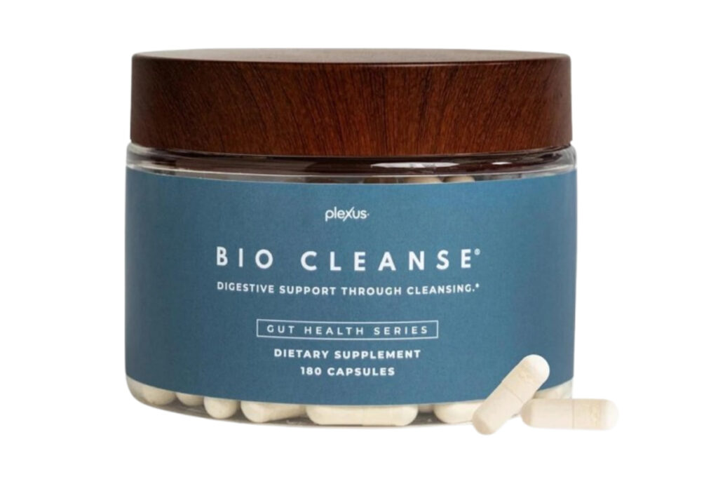 Plexus Bio Cleanse dietary supplement bottle with wooden lid on a white background, highlighting digestive support and gut health with 180 capsules, and two capsules visible outside.