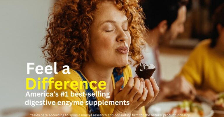 Smiling woman with curly red hair enjoying a chocolate dessert at a dining table, promoting America’s #1 best-selling digestive enzyme supplement