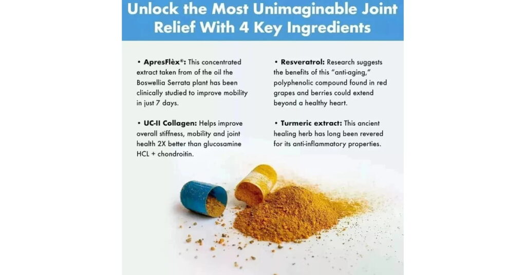 Natural joint health supplement ingredients – UC-II Collagen, ApresFlex Boswellia Serrata, Resveratrol, and Turmeric extract for mobility, flexibility, and anti-inflammatory support