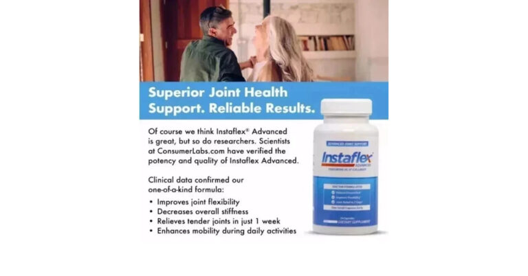 Instaflex Advanced Joint Support supplement bottle promoting improved flexibility, reduced stiffness, and enhanced mobility with UC-II Collagen formula